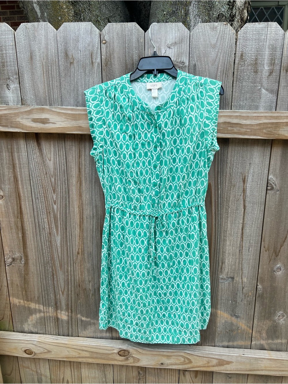 NWT LOFT Green White Geometric Print Tie Waist Dress Size S